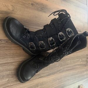 Women’s Black Lace-Up Buckle Combat Boots